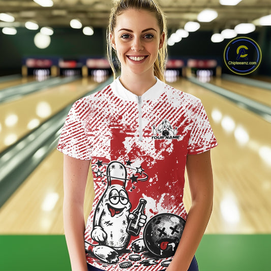 Front view female model wearing red and white bowling quarter zip shirt in bowling lane, cartoon bowling pin beer drinking design