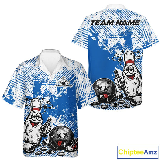 Front and back view of a button-up bowling shirt mockup in blue and white, featuring playful drunk bowling pin illustration holding beer bottle and bowling ball.