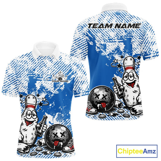 Front and back view of a men’s polo shirt mockup in blue and white, featuring drunk cartoon bowling pin holding beer bottle and bowling ball with grunge background.