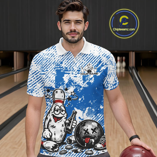 Male model in a bowling lane wearing a blue and white polo shirt, humorous drunk bowling pin artwork with beer bottle and bowling ball.