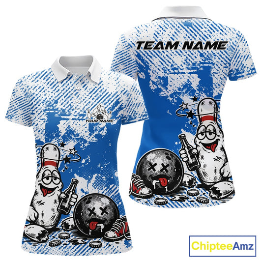 Front and back view of a women’s polo shirt mockup in blue and white, featuring drunk cartoon bowling pin holding beer bottle and bowling ball design.