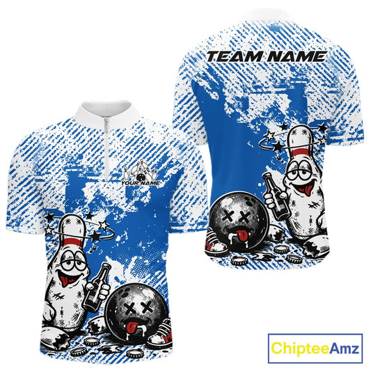 Front and back view of a men’s quarter-zip bowling shirt mockup in blue and white, featuring drunk cartoon bowling pin with beer bottle and ball.