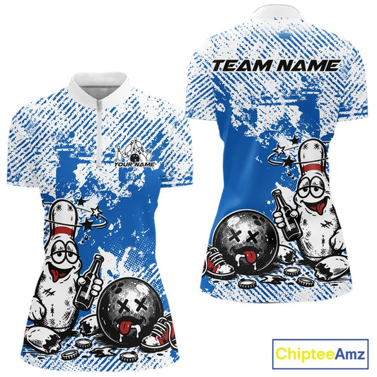 Women’s quarter zip bowling shirt mockup in blue and white, grunge background, funny drunk bowling pin illustration holding beer bottle and bowling ball