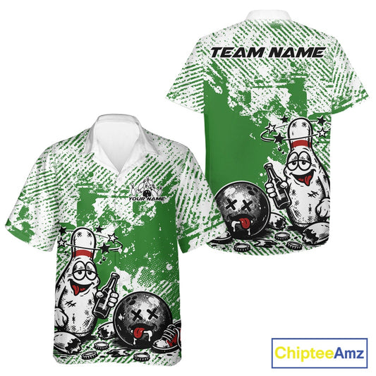Front and back view of a button-up bowling shirt mockup in green and white, featuring humorous drunk bowling pin holding beer bottle and bowling ball.