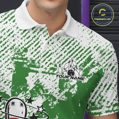 Close-up view of left chest area of a green and white polo shirt, showing detailed small drunk bowling pin graphic holding beer bottle and bowling ball.