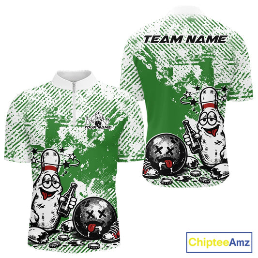 Front and back view of a men’s quarter-zip bowling shirt mockup in green and white, featuring drunk cartoon bowling pin with beer and ball design.
