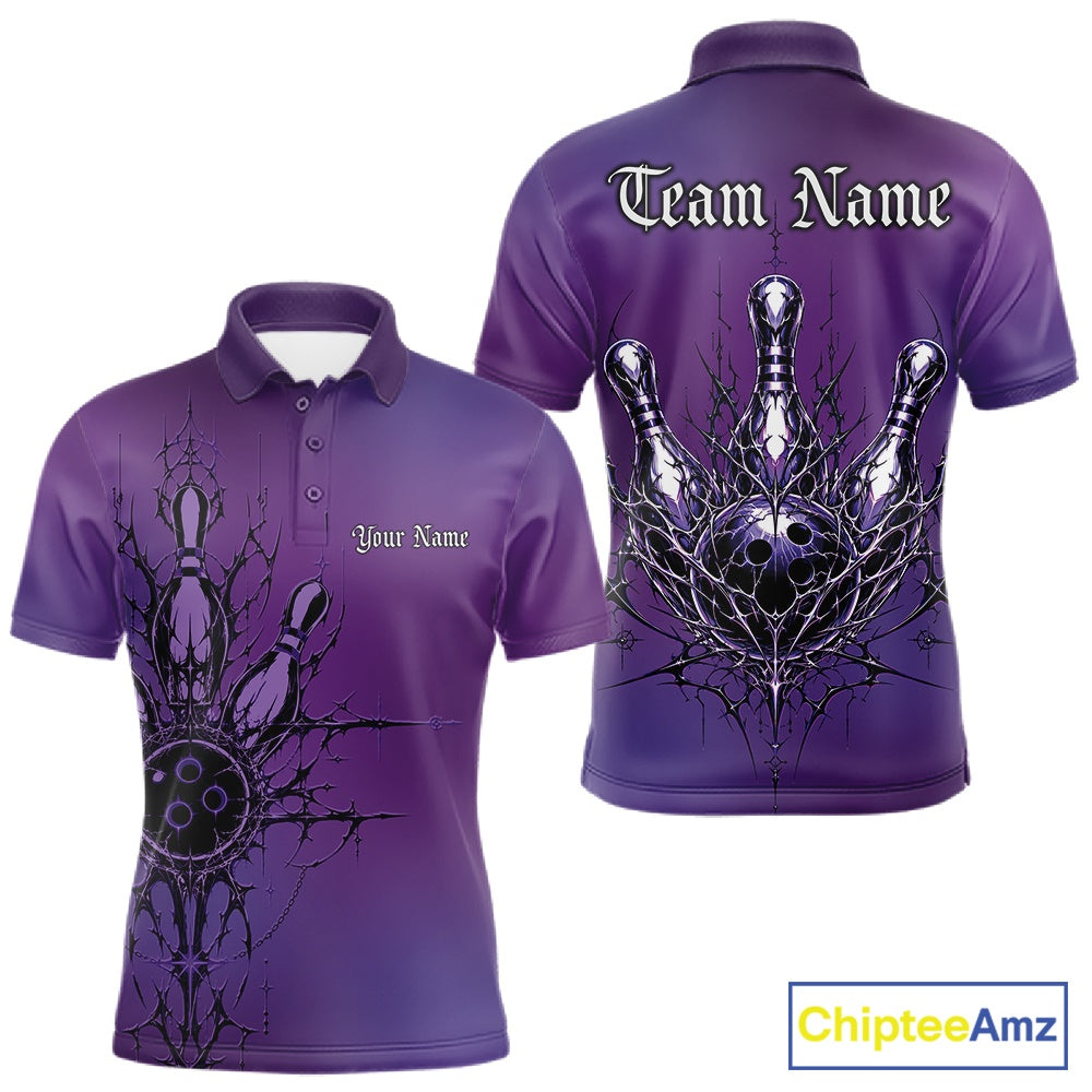 Purple polo shirt with bowling design on front and back, 'Team Name' and 'Your Name' text space, ChipteeAmz branding.