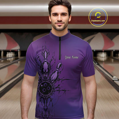 Man wearing a purple bowling shirt with a design and text on a bowling alley background