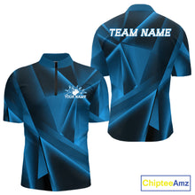 Load image into Gallery viewer, Blue sports jersey with geometric design, front and back views, on a white background.