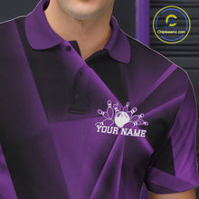 Load image into Gallery viewer, Purple and black polo shirt with a bowling design and 'Your Name' text on a gray background.
