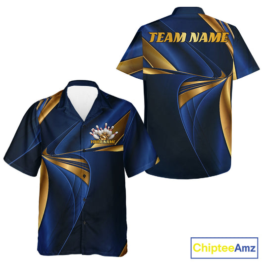 Front and back views of a navy blue and gold short-sleeve button-up shirt with custom text and graphics. The front features a bowling pins and ball graphic with the text 'YOUR NAME', and the back displays 'TEAM NAME' in gold.