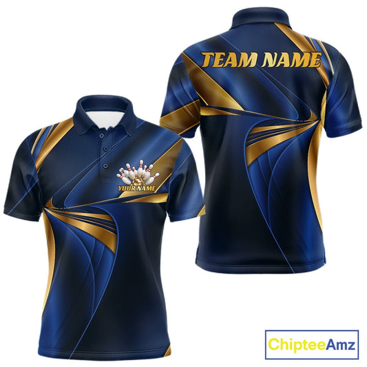 Custom short-sleeve polo shirt shown from the front and back in navy blue with metallic gold abstract stripes. The front features a custom logo on the left chest, and the back has 'TEAM NAME' printed in gold.