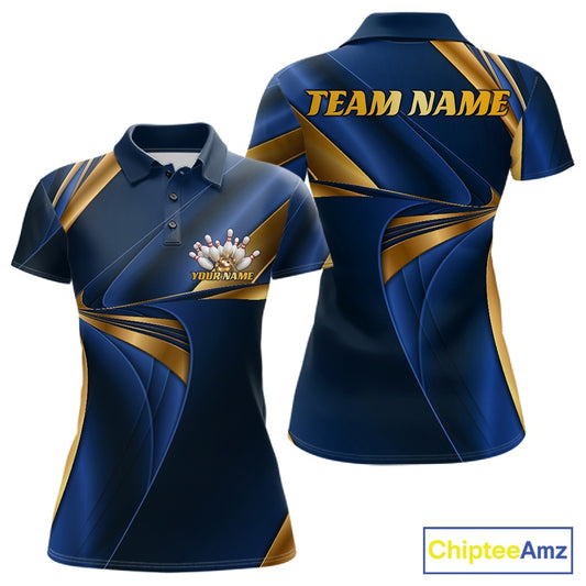 Customizable short-sleeve polo shirt shown from the front and back in navy blue with metallic gold accents. The front features a small custom crest graphic with the text 'YOUR NAME', while the back displays 'TEAM NAME' in bold gold lettering.