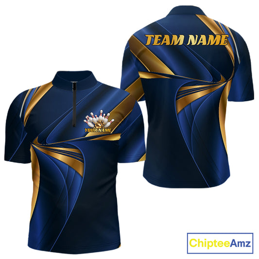 Custom short-sleeve athletic jersey shown in front and back views on a white background. The jersey is navy blue with metallic gold graphic stripes and a black quarter-zip collar.