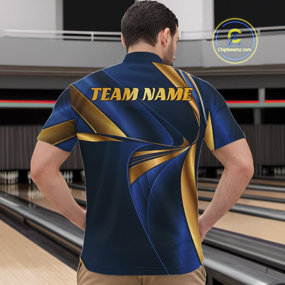 Custom Blue And Gold Men Quarter Zip Bowling Team Shirt, Bowling League Shirt IPHW11612