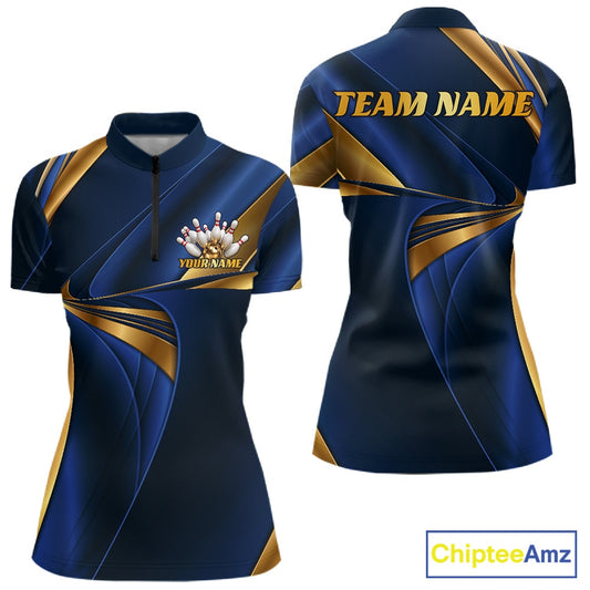 Custom bowling team polo shirt shown from both front and back views. The shirt is navy blue with metallic gold graphic stripes and a gold 'TEAM NAME' placeholder on the back, and a bowling pins graphic with 'YOUR NAME' on the front.
