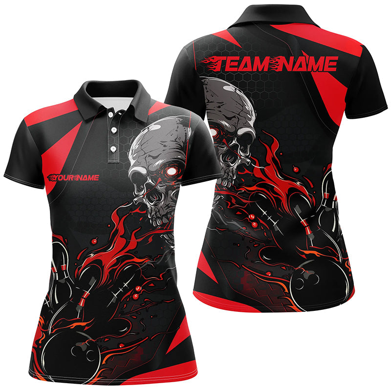 Custom Black And Red Flame Bowling Shirts For Women, Halloween Skull Bowling Shirts Outfits IPHW7088