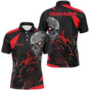 Custom Black And Red Flame Bowling Shirts For Men, Halloween Skull Bowling Shirts Outfits IPHW7088