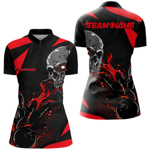 Custom Black And Red Flame Bowling Shirts For Women, Halloween Skull Bowling Shirts Outfits IPHW7088