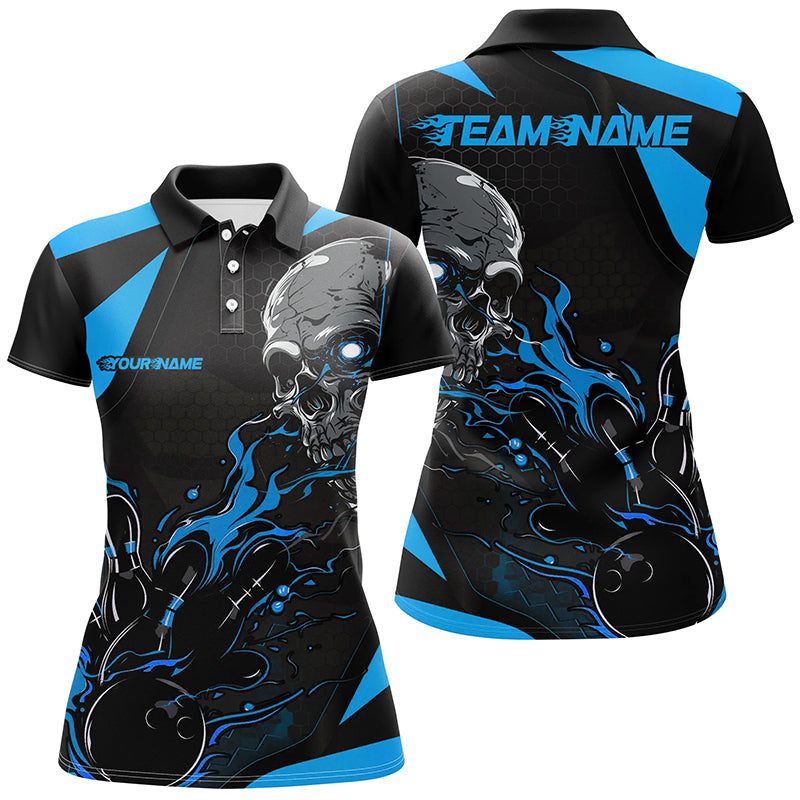 Custom Black And Blue Flame Ladies Bowling Shirts, Halloween Skull Bowling Shirts Outfits IPHW7089