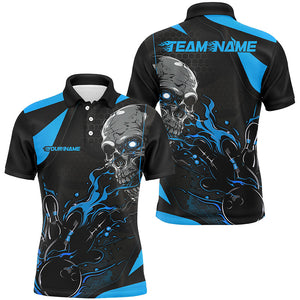 Custom Black And Blue Flame Bowling Shirts For Men, Halloween Skull Bowling Shirts Outfits IPHW7089