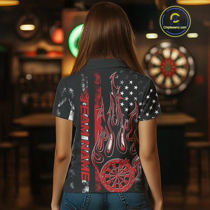 Custom Red Thin Line US Flag Patriotic Flame Dartboard Dart Women Polo Shirt, Dart Jersey IPHW9639