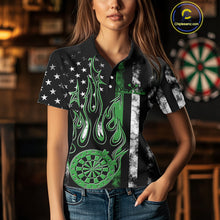 Load image into Gallery viewer, Custom Green Thin Line US Flag Patriotic Flame Dartboard Women Polo Shirt, Dart Jersey IPHW9641