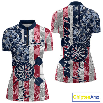 Custom US Flag Patriotic Dart Pulse Line Quarter-Zip Shirts For Women, Dart Team Shirt IPHW9649