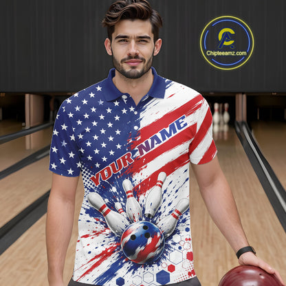 Custom Patriotic American Bowling Men Polo Shirt, US Flag Splatter Bowling Jersey IPHW11844