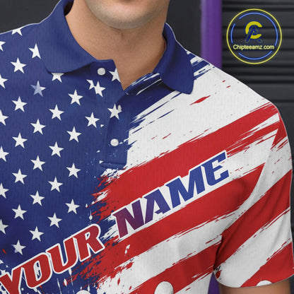 Custom Patriotic American Bowling Men Polo Shirt, US Flag Splatter Bowling Jersey IPHW11844
