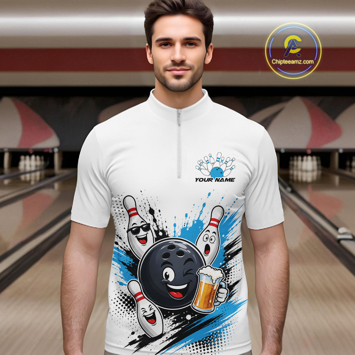 Custom White And Blue Funny Beer Bowling Men Quarter Zip Shirt, Beer Drinking Party Bowling IPHW11851