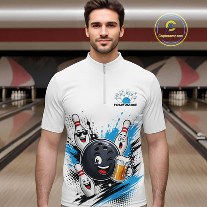 Custom White And Blue Funny Beer Bowling Men Quarter Zip Shirt, Beer Drinking Party Bowling IPHW11851
