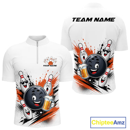 Custom White And Orange Funny Beer Bowling Men Quarter Zip Shirt, Beer Drinking Party Bowling IPHW11852