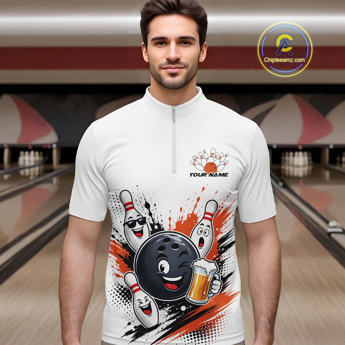 Custom White And Orange Funny Beer Bowling Men Quarter Zip Shirt, Beer Drinking Party Bowling IPHW11852