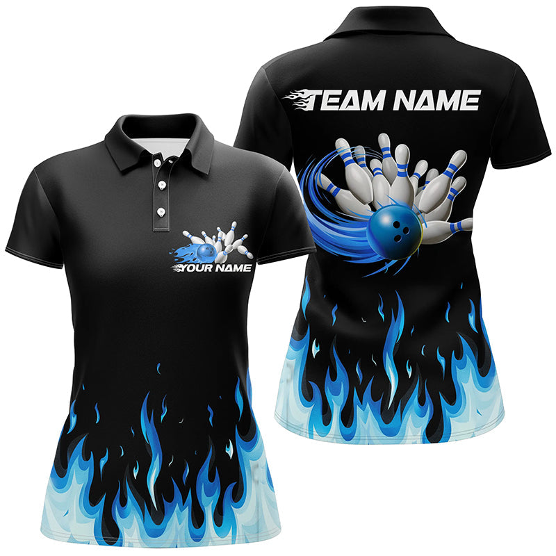 Custom Blue Flame Ladies Bowling Shirts, Bowling Team Shirts With Name Bowling League Shirt IPHW7407