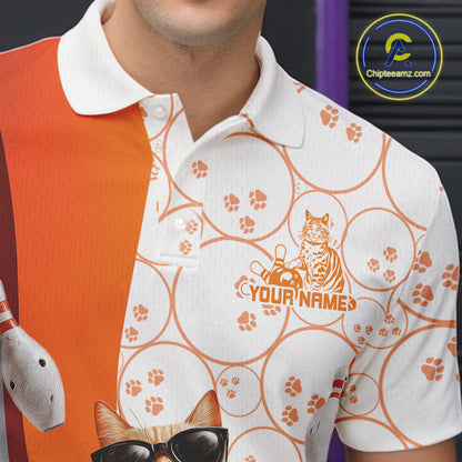Custom Funny Smirk Orange Cat With Sunglasses Bowling Team Men Polo Shirts IPHW10104