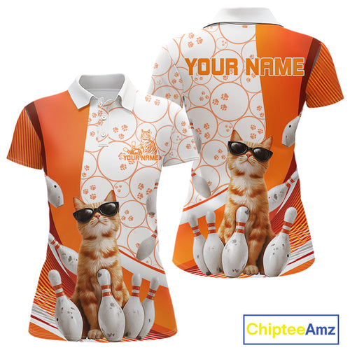 Custom Funny Smirk Orange Cat With Sunglasses Bowling Team Women Polo Shirts IPHW10104