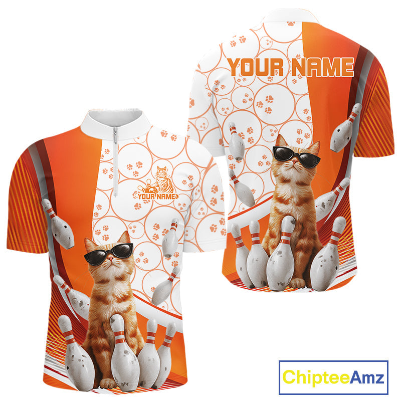 Custom Funny Smirk Orange Cat With Sunglasses Bowling Team Men Quarter-Zip Shirts IPHW10104