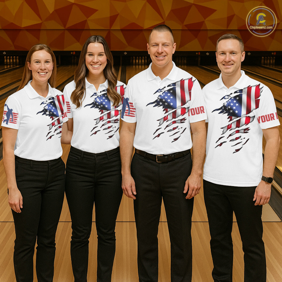Quarter Zip Custom Mens Bowling Shirts, Customizable American Flag Bowling Pin Quarter Zip Shirt For Team IPHW3809