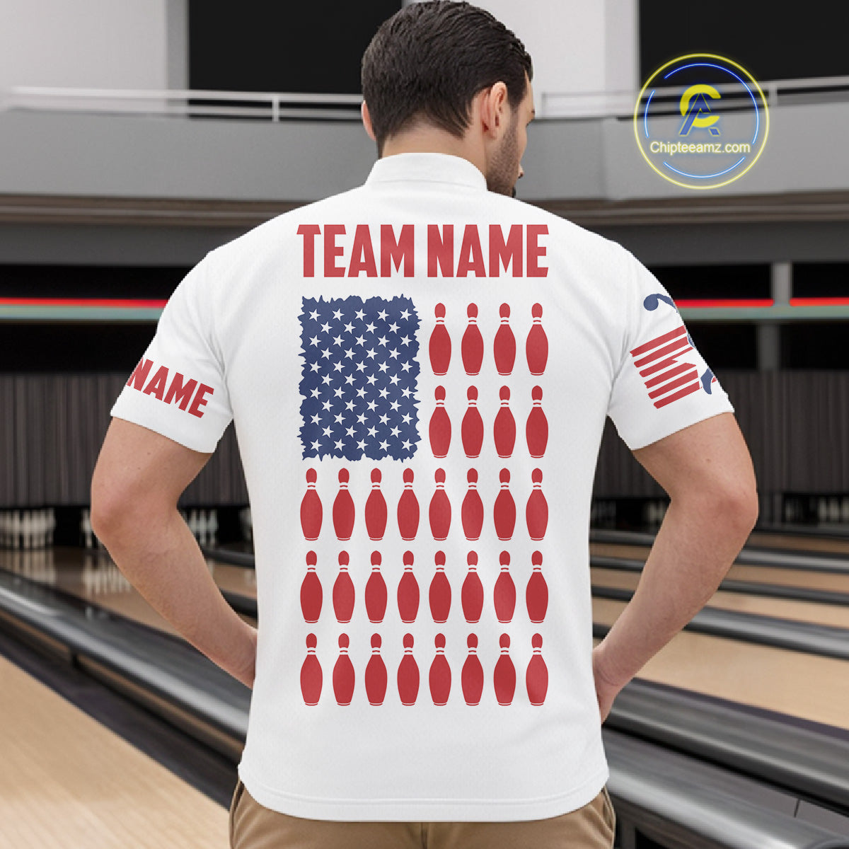 Quarter Zip Custom Mens Bowling Shirts, Customizable American Flag Bowling Pin Quarter Zip Shirt For Team IPHW3809