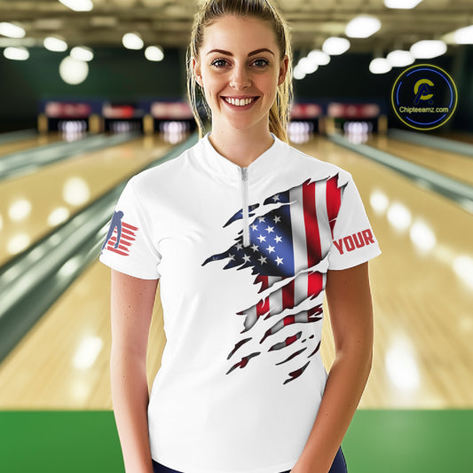 Custom Women's Bowling Shirts, Customizable American Flag Bowling Pin Quarter Zip Shirt For Team IPHW3809