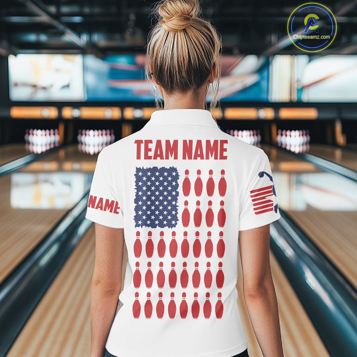 Custom Women's Bowling Shirts, Customizable American Flag Bowling Pin Quarter Zip Shirt For Team IPHW3809