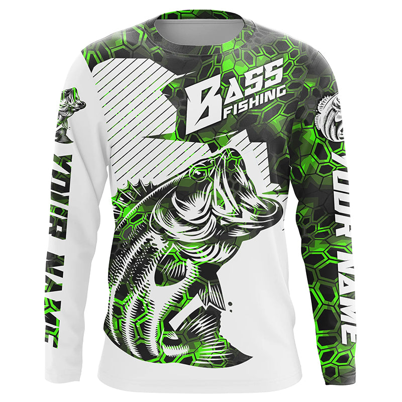 Personalized Bass Fishing Jerseys, Bass Fishing Long Sleeve Fishing Tournament Shirts | Green Camo IPHW5750