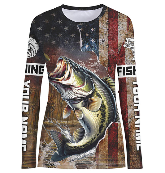 Vintage American Flag Bass Fishing Jerseys,  Patriotic Bass Fishing Shirt For Women IPHW5762