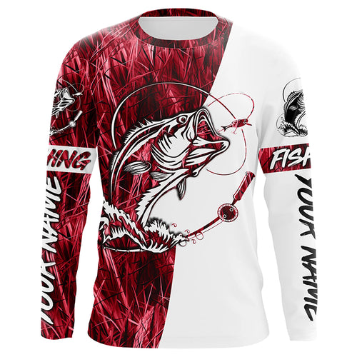 Custom Bass Fishing Tattoo Red Camo Long Sleeve Tournament Fishing Shirts, Bass Fishing Jerseys IPHW5766