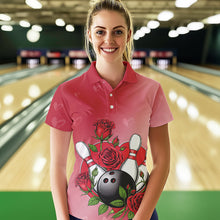 Load image into Gallery viewer, Custom Valentine Bowling Polo Shirts For Women, Bowling And Red Roses Couple Bowling Outfit IPHW8350