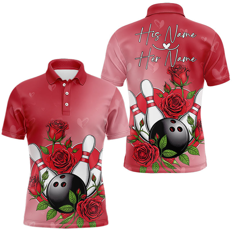 Custom Valentine Bowling Polo Shirts For Men, Bowling And Red Roses Couple Bowling Outfits IPHW8350