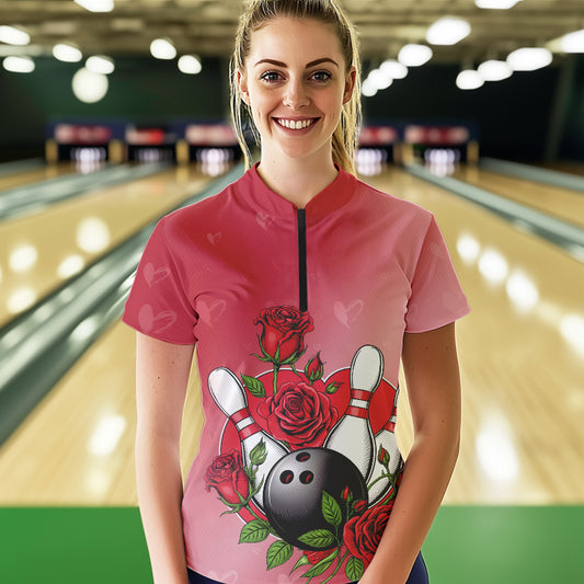 Custom Valentine Bowling Quarter-Zip Shirts For Women, Bowling And Red Roses Couple Outfits IPHW8350