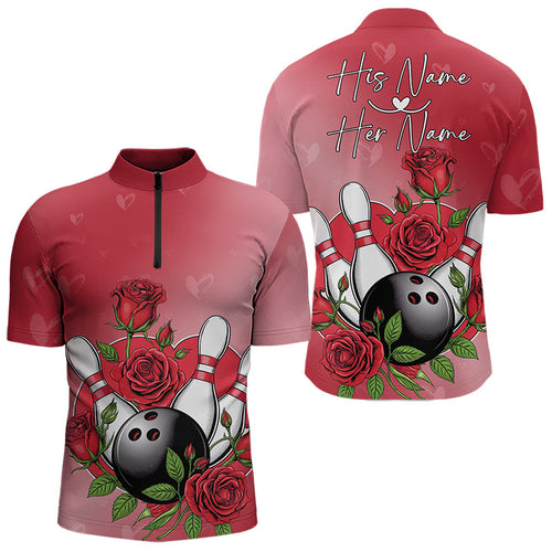 Custom Valentine Bowling Quarter-Zip Shirts For Men, Bowling And Red Roses Couple Bowling Outfits IPHW8350