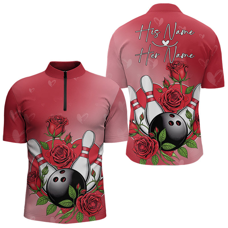 Custom Valentine Bowling Quarter-Zip Shirts For Men, Bowling And Red Roses Couple Bowling Outfits IPHW8350